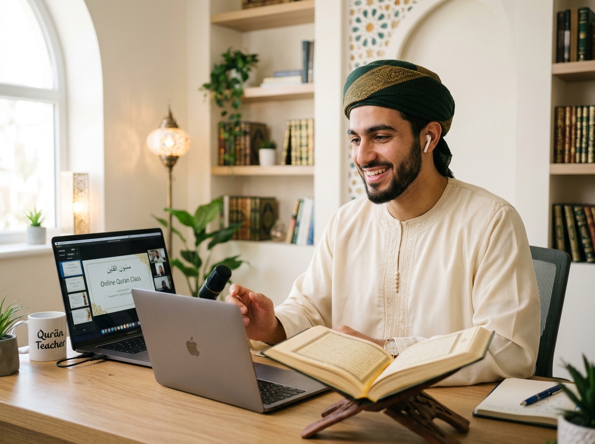 Young Quran teacher giving an online lesson